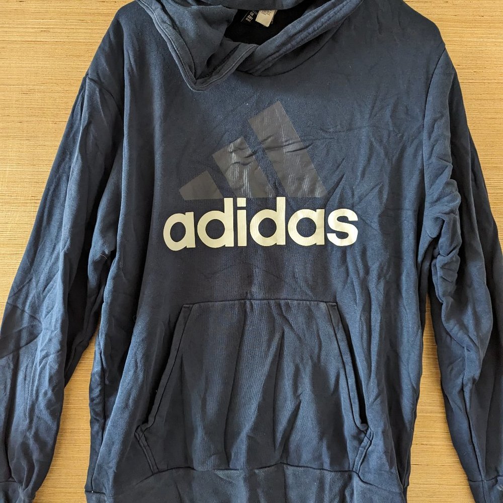 Adidas Essentials Mens Pullover Hoodie Navy Blue Large Cotton Polyester Pocket